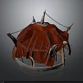 Modern Red Canopy Structure Featuring Spikes Chains And Circular Wooden Frame
