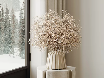 White Ribbed Ceramic Vase With Dried Flowers By Window With Snowy Pine View 3d model