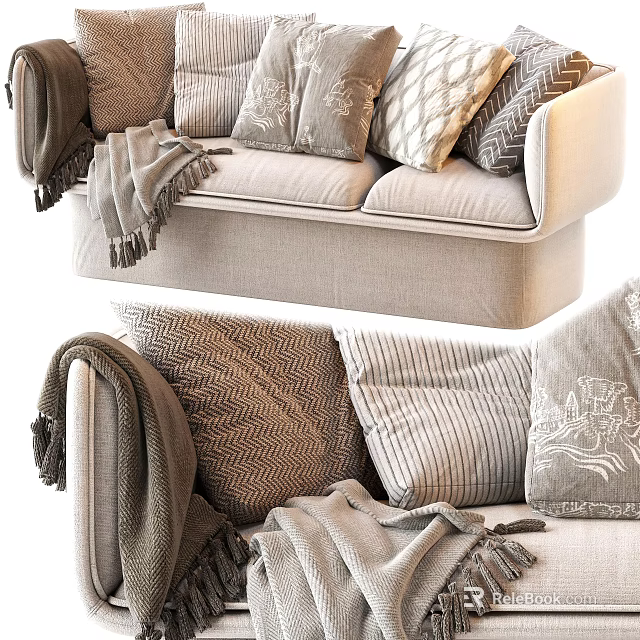 Beige Sectional Sofa with Textured Pillows and Tassel Blanket for Cozy Living Room 3d model 