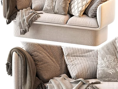 Beige Sectional Sofa with Textured Pillows and Tassel Blanket for Cozy Living Room 3d model