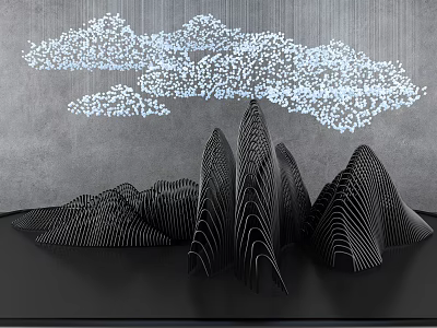Modern Garden Ornament With Black Mountain Shaped Structures And White Cloud Decoration 3d model