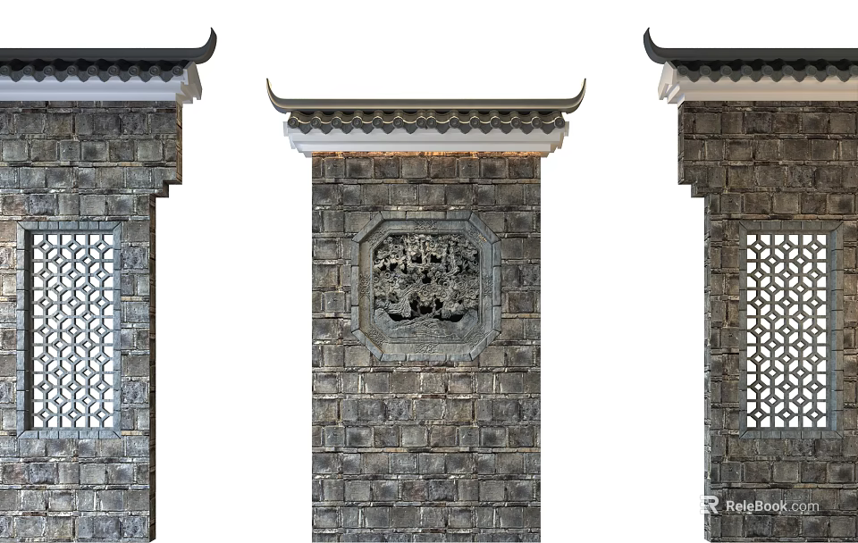 Traditional Chinese Gateway With Stone Brick Structure Eaves Roof Carved Pattern And Lattice Windows 3d model 