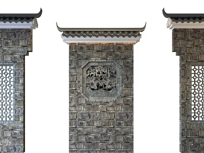 Traditional Chinese Gateway With Stone Brick Structure Eaves Roof Carved Pattern And Lattice Windows 3d model
