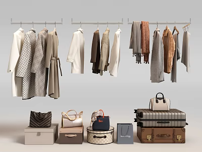 Stylish Decorative Accessories Set With Handbags Vintage Suitcases And Display Boxes 3d model