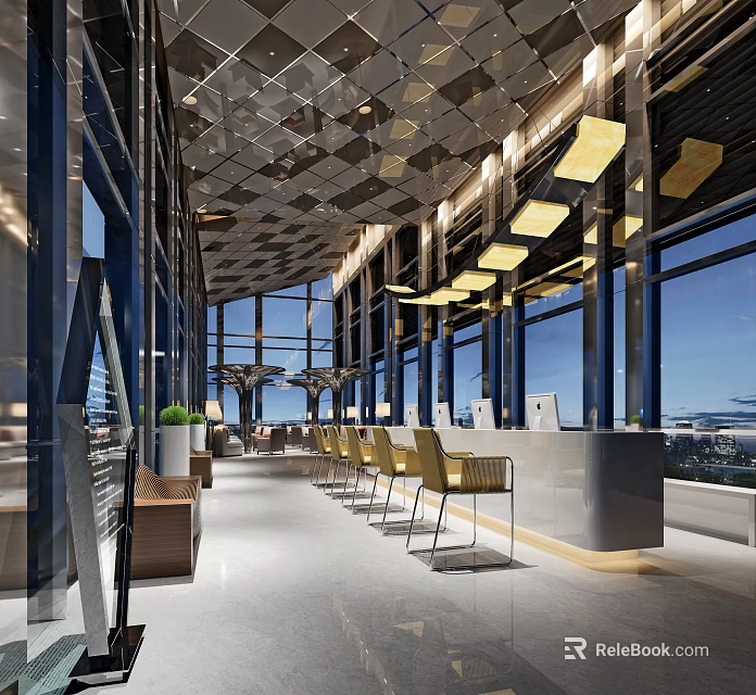 Modern Reception Area With Front Desk Large Windows Pendant Lights Yellow Chairs And Marble Countertop 3d model 