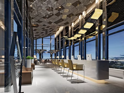 Modern Reception Area With Front Desk Large Windows Pendant Lights Yellow Chairs And Marble Countertop 3d model