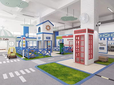 Kids Role Play Area With Mini Street Telephone Booth Cafe And Grass Area 3d model