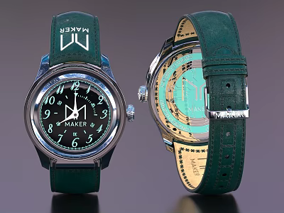 Green Leather Strap Maker Brand Watch Front And Back View 3d model
