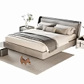 Modern Minimalist Double Bed With Upholstered Headboard Nightstands Table Lamp And Beige Rug