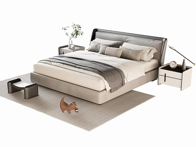 Modern Minimalist Double Bed With Upholstered Headboard Nightstands Table Lamp And Beige Rug 3d model