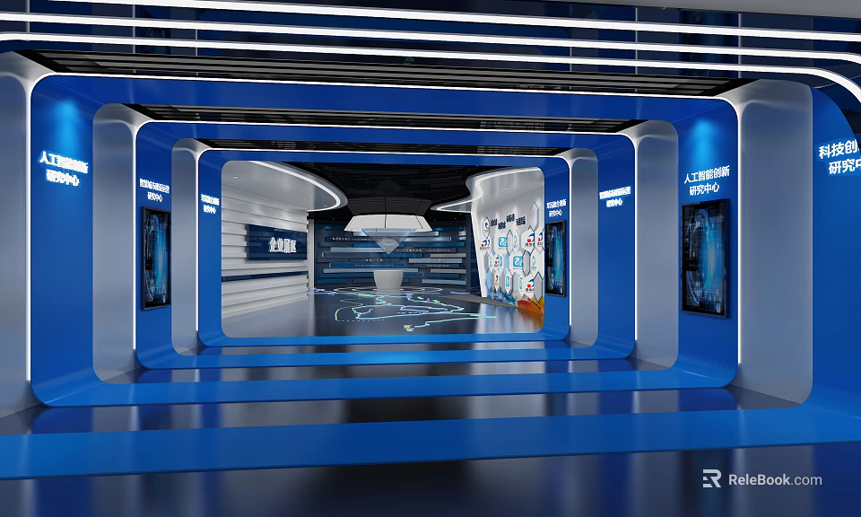 Modern Tech Exhibition Hall With Blue White Design Digital Screens And Lighting 3d model 