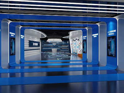 Modern Tech Exhibition Hall With Blue White Design Digital Screens And Lighting 3d model