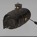 Wooden Barrel Shaped Water Vehicle With Small Windows Tower Like Structure And Paddle