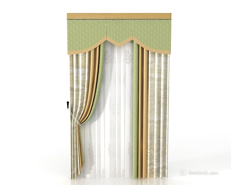 Green Valance Striped Curtain With Sheer White Panel For Elegant Window Decor 3d model