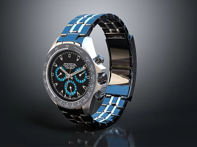Luxury Watch With Blue Metallic Strap And Black Chronograph Dial Design 3d model
