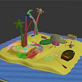 Cartoon Island Scene With Palm Trees Rocks Hut Boat And SOS Sign On Sand