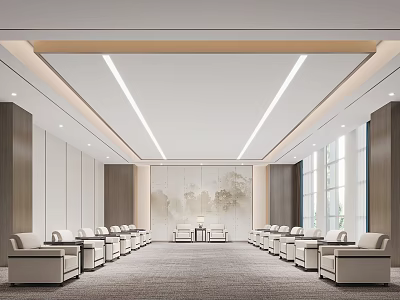 Spacious Modern Hotel Public Lounge Area With Neatly Arranged Sofas And Floor to Ceiling Windows 3d model