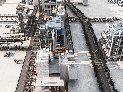 Aerial View Of Modern Industrial Factory Building With Large Structures Pipes Equipment And Roads 3d model