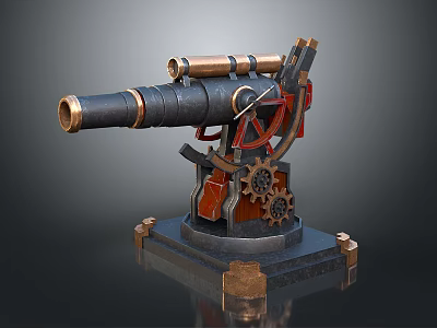 Vintage Mechanical Device With Brass Cylinders And Red Gear Details On Metallic Base 3d model