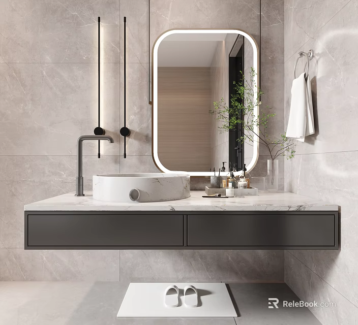 Modern Bathroom Vanity Design With Marble Countertop Oval Mirror And Undermount Sink 3d model 