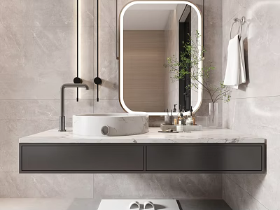 Modern Bathroom Vanity Design With Marble Countertop Oval Mirror And Undermount Sink 3d model