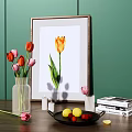 Decorative Ornament Set With Tulips Framed Art Vase Fruit Plate Candles And Books