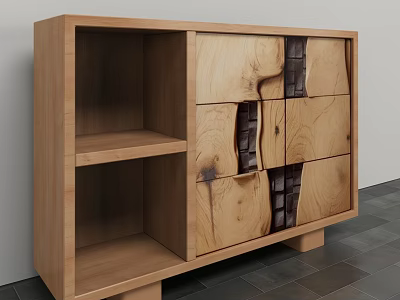 Wooden Storage Cabinet With Open Shelves And Black Accent Doors In Modern Style 3d model