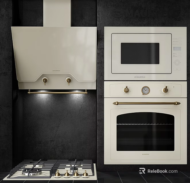 Modern White Kitchen Appliances With Range Hood Microwave Oven And Black Background 3d model 