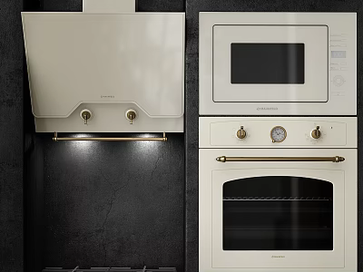 Modern White Kitchen Appliances With Range Hood Microwave Oven And Black Background 3d model