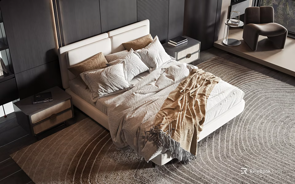 Modern Double Bed with Bedside Nightstands Pillows and Soft Comforter on Patterned Rug 3d model 
