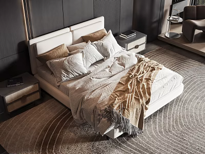 Modern Double Bed with Bedside Nightstands Pillows and Soft Comforter on Patterned Rug 3d model