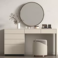 Light Colored Dressing Table with Round Mirror Vase and Gold Base Stool 3d model