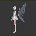 Magical Fantasy Game Movie Character With Blue Wings White Hair And Blue White Dress