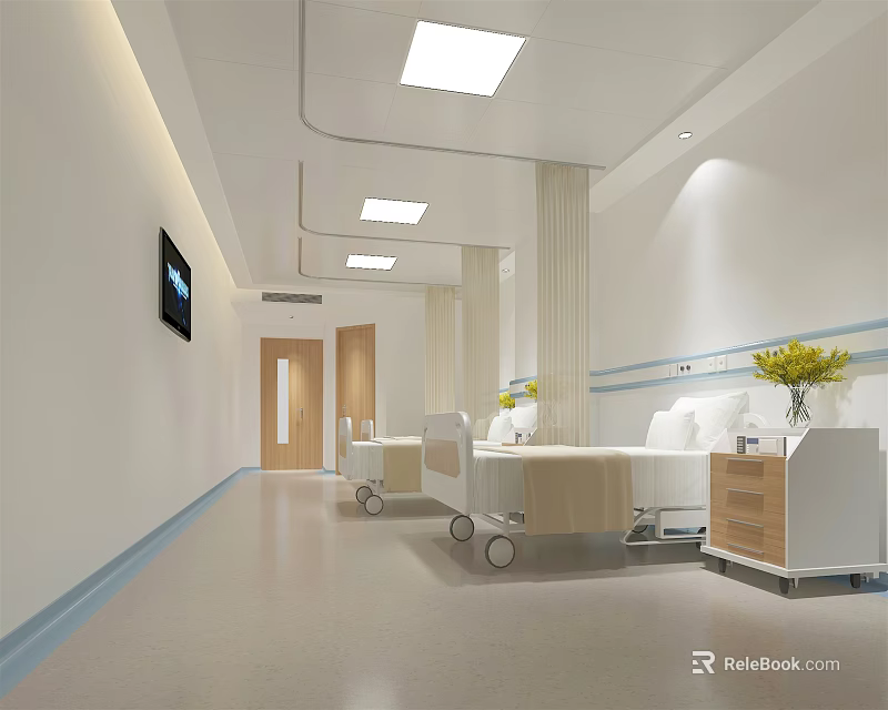 Modern Hospital Ward With Beds TV Sets And Bedside Cabinets In Corridor 3d model 