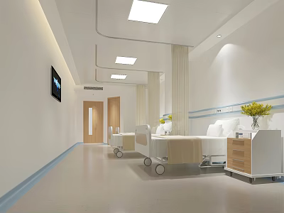 Modern Hospital Ward With Beds TV Sets And Bedside Cabinets In Corridor 3d model