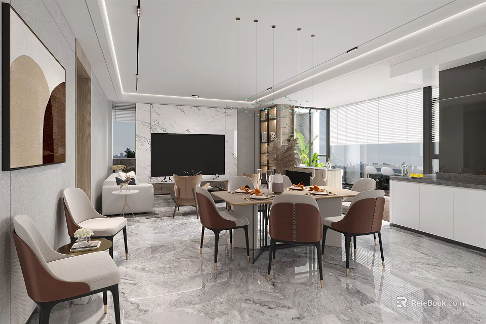 Modern Dining and Living Room Open Layout With Marble Flooring Dining Table Sofa TV Wall 3d model