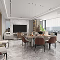 Modern Dining and Living Room Open Layout With Marble Flooring Dining Table Sofa TV Wall 3d model