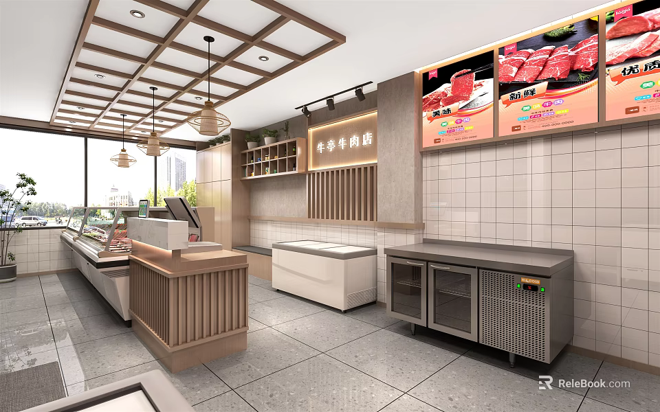 Japanese Style Restaurant Interior With Open Counter Display Cases And Menu Posters 3d model 
