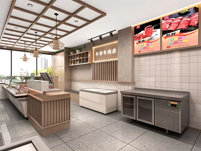 Japanese Style Restaurant Interior With Open Counter Display Cases And Menu Posters 3d model