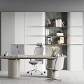 Modern Desk And Chair Set With Wooden Tabletop Cylindrical Legs Gray Office Chair And Bookshelves