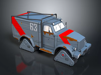 Gray Tracked Truck With Red Stripes Number 53 And Worn Details 3d model