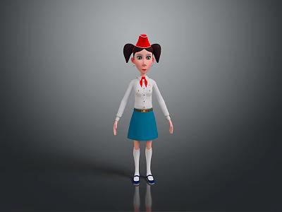 Cartoon Girl With Red Hat Pigtails White Shirt Red Tie Blue Skirt And Blue Shoes 3d model