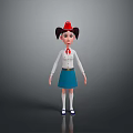Cartoon Girl With Red Hat Pigtails White Shirt Red Tie Blue Skirt And Blue Shoes