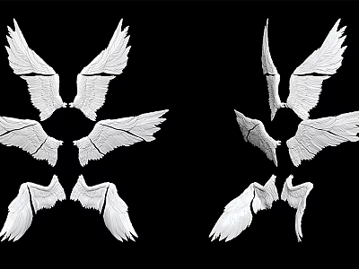 White Wing Shaped Wall Decor with Multiple Designs and Symmetrical Arrangement on Black Background 3d model