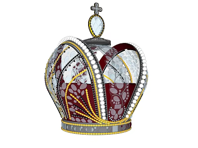 Luxurious Crown Jewelry Piece With Cross Top Gemstone Red Gold Decorations And Pearl Inlays 3d model