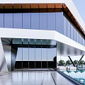 Modern Sales Office Building With Glass Curtain Wall Metal Supports And Front Water Pool