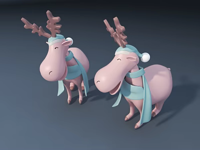 Two Cute Pink Dolls With Antlers Blue Scarves And Adorable Hats 3d model