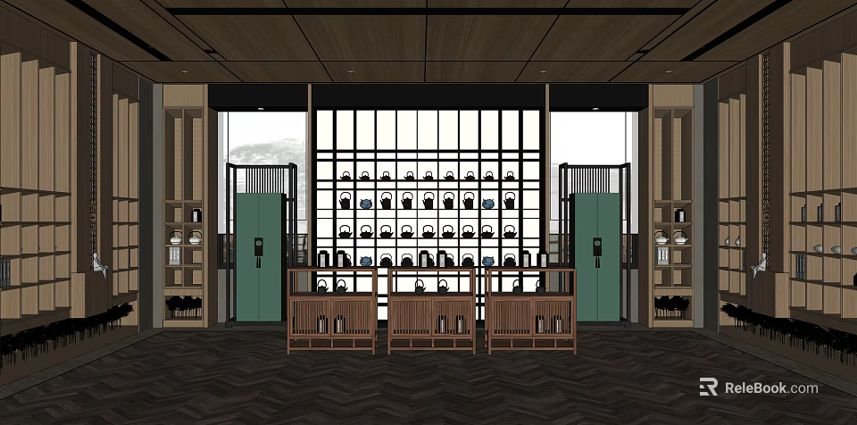 Traditional Teahouse Interior Design With Wooden Shelves Tea Sets Display And Screen Doors 3d model 