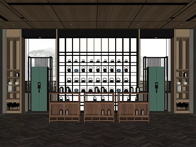 Traditional Teahouse Interior Design With Wooden Shelves Tea Sets Display And Screen Doors 3d model