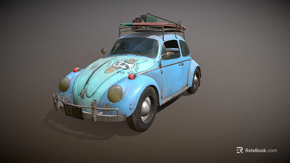 Vintage Blue Volkswagen Beetle With Roof Rack And Decorative Emblems 3d model 